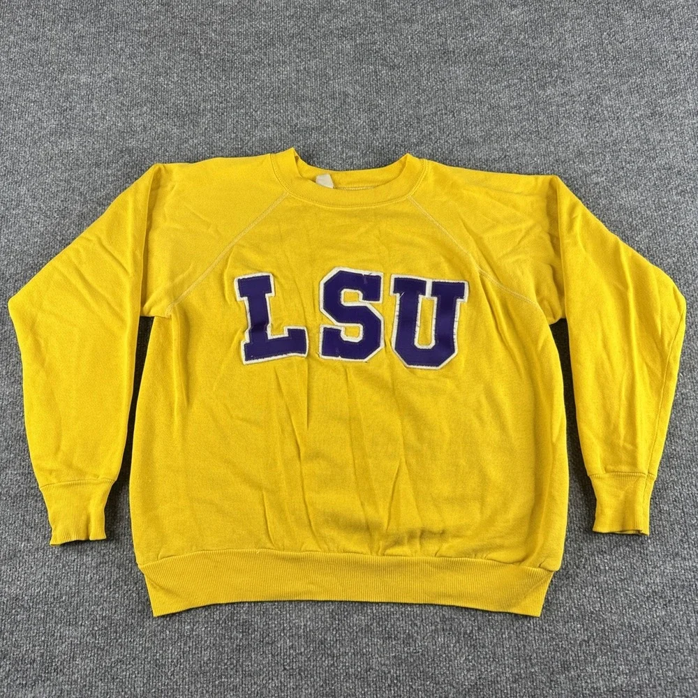VINTAGE 80s LSU Tigers Sweatshirt Mens S? Yellow Pullover Crewneck Raglan Boxy